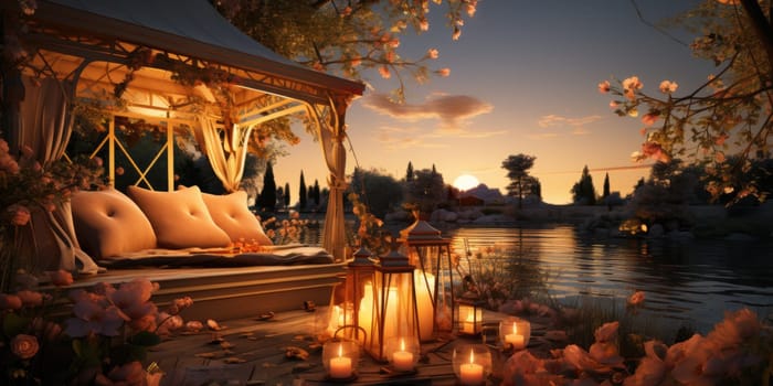 Beautiful view of garden furniture with pillow and burning candles at balcony for romantic dinner.
