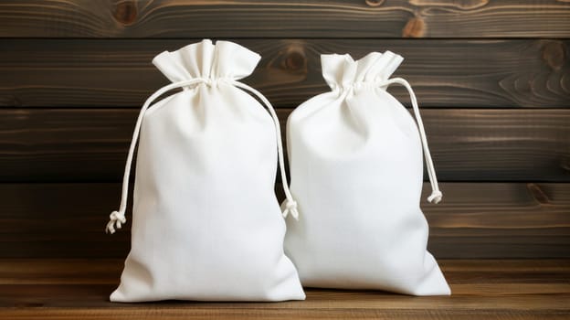Light Fabric Bags Made of Natural Fabric. Recycling concept, excess consumption, Plastic free, linen fabric, wooden background, reusable, cereal bag, food, supplies, provisions
