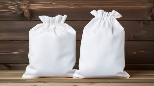 Light Fabric Bags Made of Natural Fabric. Recycling concept, excess consumption, Plastic free, linen fabric, wooden background, reusable, cereal bag, food, supplies, provisions