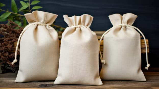 Light Fabric Bags Made of Natural Fabric. Recycling concept, excess consumption, Plastic free, linen fabric, wooden background, reusable, cereal bag, food, supplies, provisions