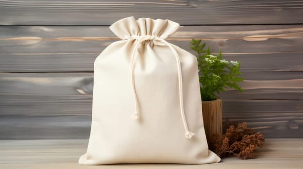 Light Fabric Bags Made of Natural Fabric. Recycling concept, excess consumption, Plastic free, linen fabric, wooden background, reusable, cereal bag, food, supplies, provisions