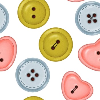 Seamless pattern of buttons in various colors. Buttons of different shapes and shades create a unique design. for decorative projects, cards, gift wrapping, and fabric items.