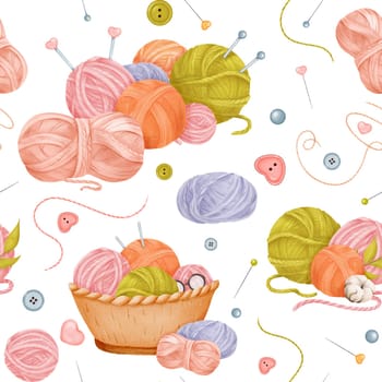 A seamless crafting-themed pattern yarn skeins in a woven basket, cotton flowers, colorful buttons, sewing needles with threads, and knitting needles. watercolor children illustration.