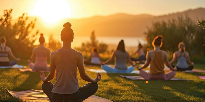A serene yoga class at sunrise, participants in a tranquil outdoor setting, symbolizing peace and mindfulness. Resplendent.