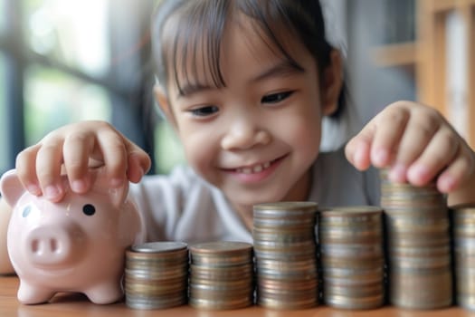 piggy bank, saving money concept, Little girl saving money in a piggy bank, learning about saving.