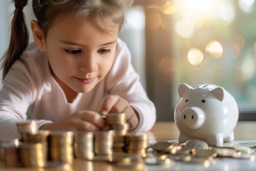 piggy bank, saving money concept, Little girl saving money in a piggy bank, learning about saving.