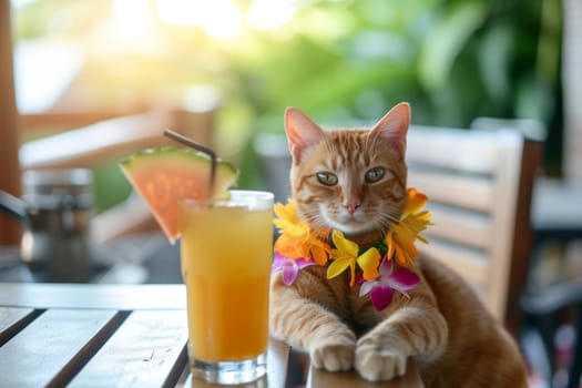 Cat, hawaii cat, cat with a lei beside a tropical drink, cat on summer vacation.