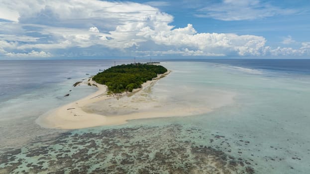 Aerial drone of tropical island Mataking with coral reef and atoll view from above. Tun Sakaran Marine Park. Borneo, Sabah, Malaysia.