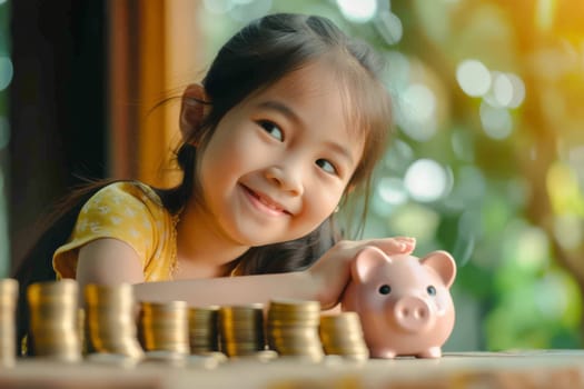 piggy bank, saving money concept, Little girl saving money in a piggy bank, learning about saving.