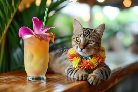 Cat, hawaii cat, cat with a lei beside a tropical drink, cat on summer vacation.