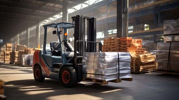 Forklift loader in storage warehouse ship yard. Distribution products. Delivery. Logistics. Transportation. Business background. High quality photo