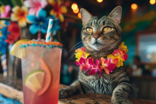 Cat, hawaii cat, cat with a lei beside a tropical drink, cat on summer vacation.
