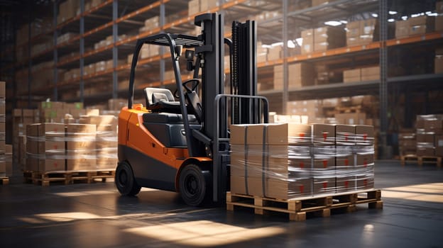 Forklift loader in storage warehouse ship yard. Distribution products. Delivery. Logistics. Transportation. Business background. High quality photo