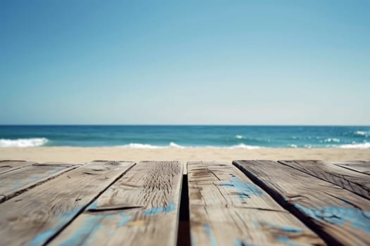 Background, Empty rustic wooden table and summer sea background with copy space for your product.