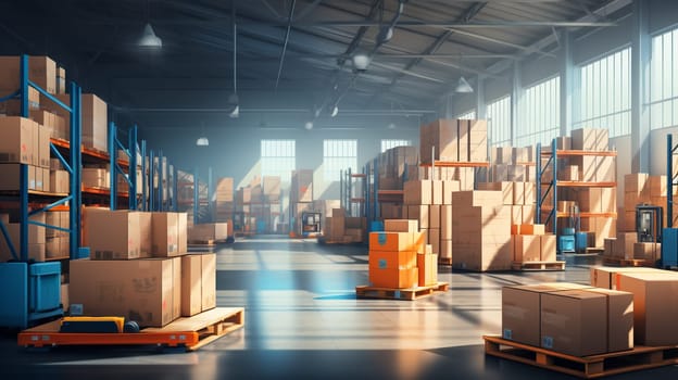 Cardboard boxes in middle of the warehouse, logistic center. Huge modern warehouse. Warehouse filled with cardboard boxes on shelves, boxes stand on pallets. Transportation system, 3D Illustration. High quality photo