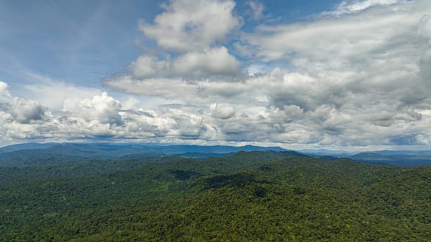 Aerial drone of tropical mountain range and mountain slopes with rainforest. Borneo, Malaysia.