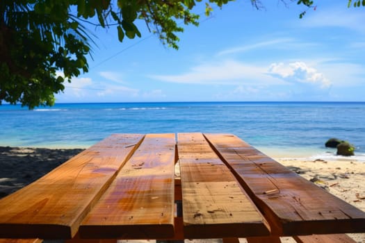 Background, Empty rustic wooden table and summer sea background with copy space for your product.