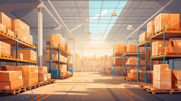 Warehouse with boxes. Storage interior. Cardboard boxes in hangar. Industrial warehouse with skylights.Hangar with warehouse racks. Storage area for industrial company. distribution, logistics. High quality photo