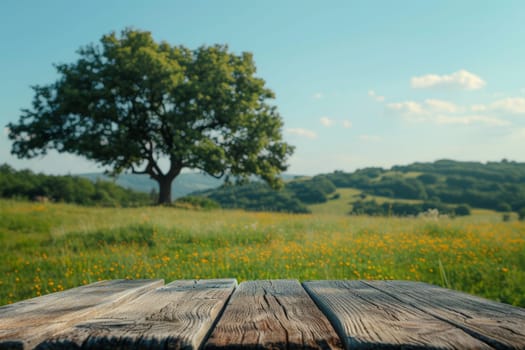 Backgrounds: Empty rustic wooden table on green forest for mockup product display.