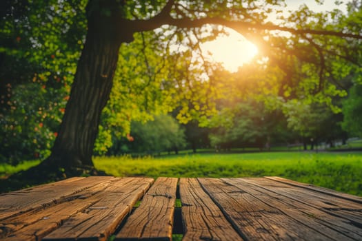 Backgrounds: Empty rustic wooden table on green forest for mockup product display.