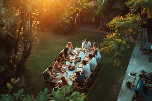 An outdoors family party, High angle view of Family and Friends party at backyard.
