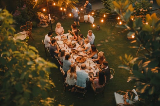 An outdoors family party, High angle view of Family and Friends party at backyard.
