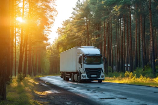 transportation concept, white truck on urgent delivery in highway winding through forested landscape.