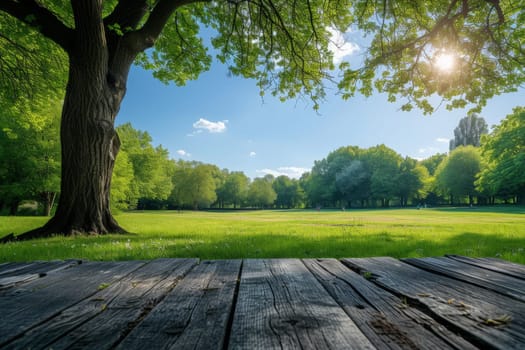 Backgrounds: Empty rustic wooden table on green forest for mockup product display.