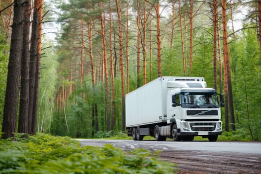 transportation concept, white truck on urgent delivery in highway winding through forested landscape.