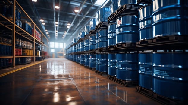 Chemical Barrels. Warehouse of chemical products. Metal barrels with crude oil. Chemistry industry warehouse. Pallets with barrels in industrial plant. Oil storage room. . High quality photo