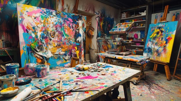 An artist's studio in full creative chaos, paint splattered everywhere, canvases in various stages of completion, vibrant colors clashing and blending. Resplendent.