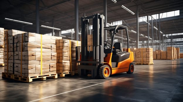 Forklift loader in storage warehouse ship yard. Distribution products. Delivery. Logistics. Transportation. Business background. High quality photo