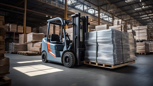 Forklift loader in storage warehouse ship yard. Distribution products. Delivery. Logistics. Transportation. Business background. High quality photo