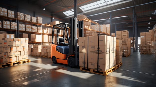 Cardboard boxes in middle of the warehouse, logistic center. Huge modern warehouse. Warehouse filled with cardboard boxes on shelves, boxes stand on pallets. Transportation system, 3D Illustration. High quality photo
