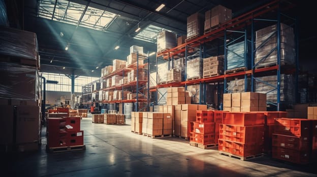 Warehouse with boxes. Storage interior. Cardboard boxes in hangar. Industrial warehouse with skylights.Hangar with warehouse racks. Storage area for industrial company. distribution, logistics. High quality photo