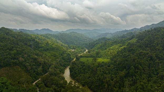 River among hills and mountains with rainforest. Sumatra, Indonesia.