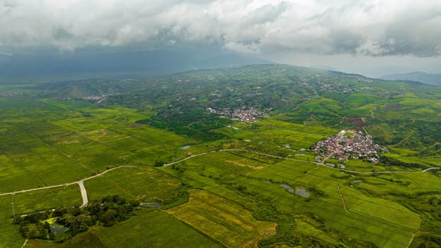 Aerial view of green tea plantations in the highlands. Tea estate landscape in Sumatra. Kayu Aro, Indonesia.