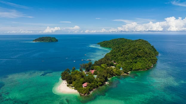 Aerial view of tropical islands and beautiful beach. Tunku Abdul Rahman National Park. Manukan and Sulug islands. Kota Kinabalu, Sabah, Malaysia.