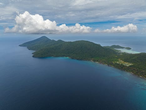 Aerial view of coast of the island of Weh with bays and lagoons. Tropical landscape. Aceh, Indonesia.