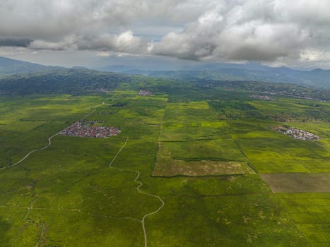 Aerial drone of tea estates and farmland in Sumatra. Tea plantations. Kayu Aro, Indonesia.