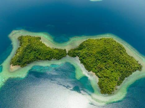 Aerial drone of tropical island and coral atoll with turquoise water. Seascape in the tropics. Borneo, Sabah, Malaysia.