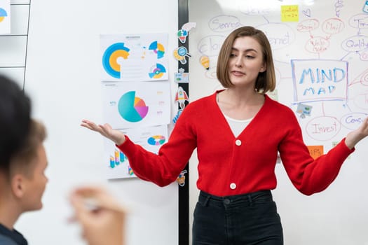 Professional attractive female leader presents creative marketing plan by using brainstorming mind mapping statistic graph and colorful sticky note at modern business meeting room. Immaculate.