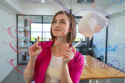 Closeup of attractive smart caucasian businesswoman brainstorms and planing marketing idea by using mind map and colorful sticker on glass board. Creative start up business concept. Immaculate.