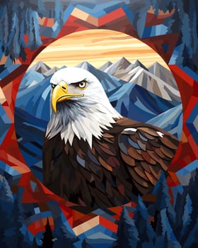 American bald eagle among rocks and wildlife in vector pop art cubism style. Template for poster, t-shirt print, sticker, etc. 