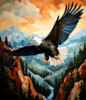 American bald eagle among rocks and wildlife in vector pop art cubism style. Template for poster, t-shirt print, sticker, etc. 