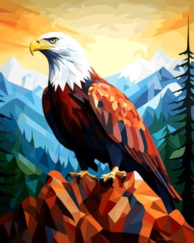 American bald eagle among rocks and wildlife in vector pop art cubism style. Template for poster, t-shirt print, sticker, etc. 