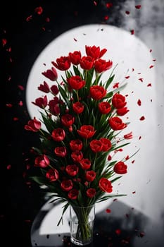 bouquet of red tulips on an abstract black and white background. AI generated image.