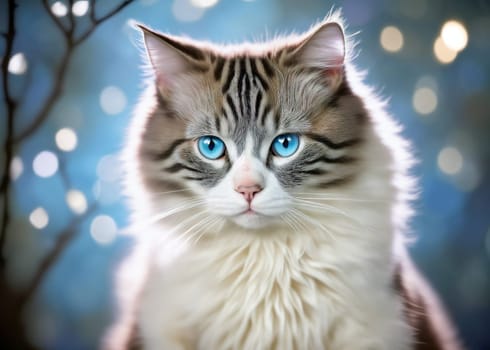 Beautiful young white cat with blue eyes on an abstract background . AI generated image.