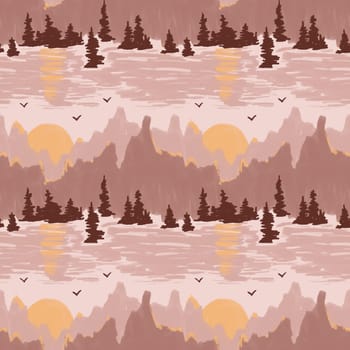 Hnd drawn seamless pattern with beige brown mountain range peaks, yellow sun surise sunset. Skiing outdoor activities tourism concept. Nature landscape