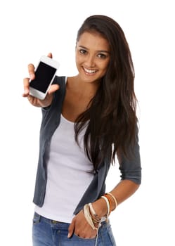 Phone screen, smile and portrait of woman in studio showing technology for networking. Happy, communication and female person with cellphone for online or internet browsing by white background